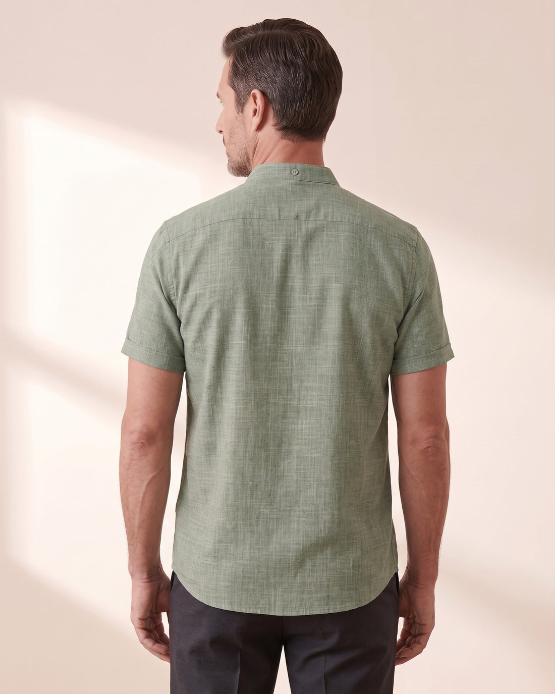 KEPT Men's Band Collar Shirt - Tangier in green, back view