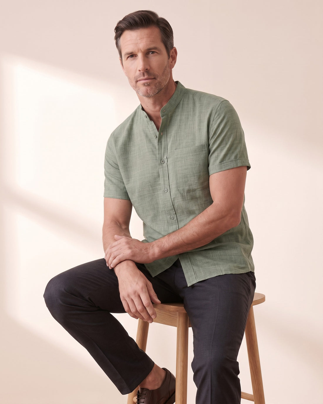 KEPT Men's Band Collar Shirt - Tangier in green, in motion