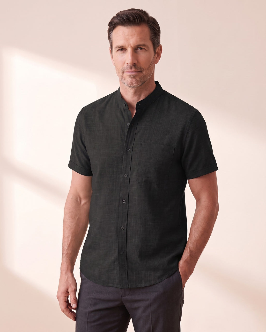 KEPT Men's Band Collar Shirt - Tangier in black