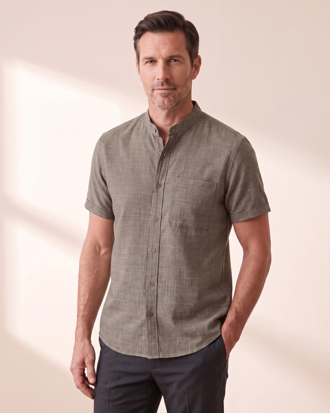 KEPT Men's Band Collar Shirt - Tangier in brown