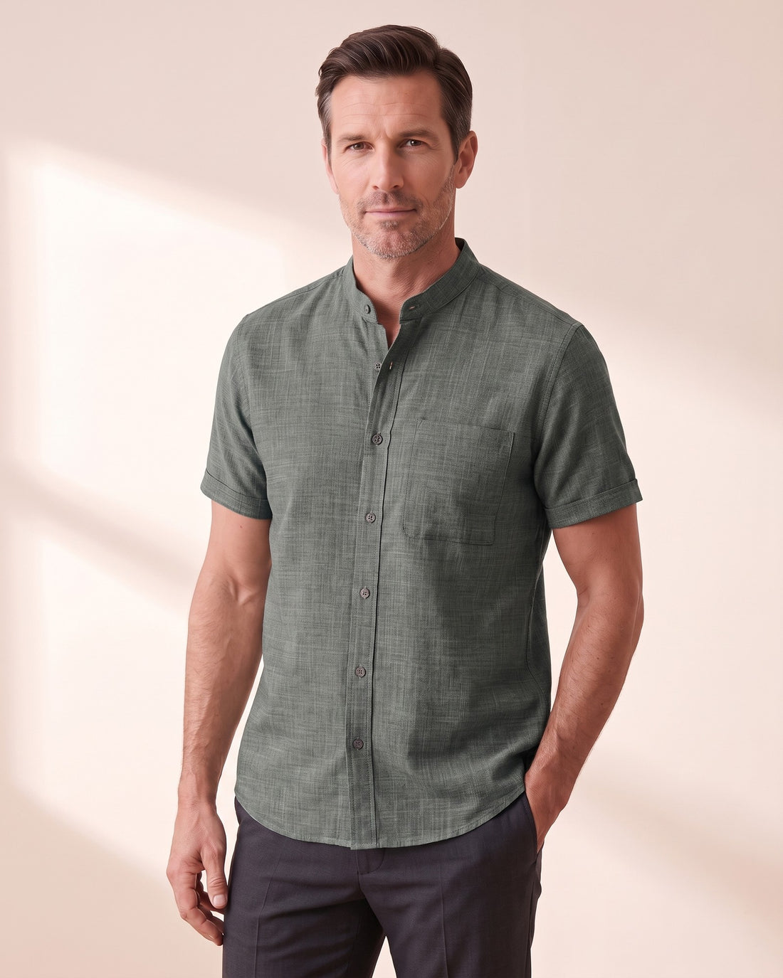 KEPT Men's Band Collar Shirt - Tangier in gray
