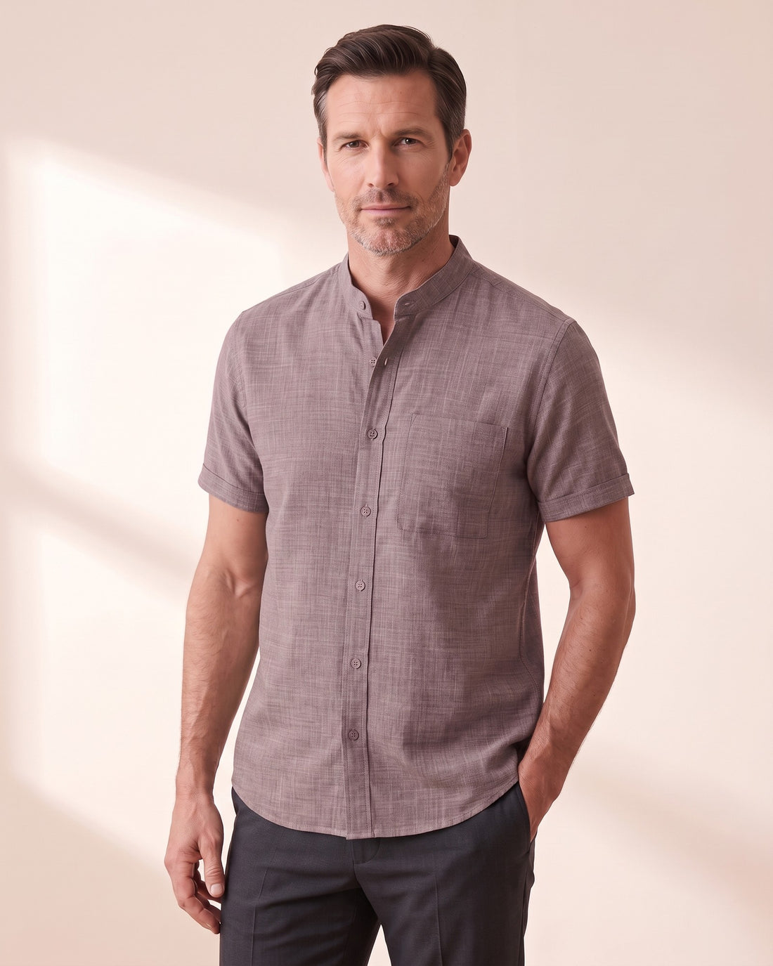 KEPT Men's Band Collar Shirt - Tangier in purple