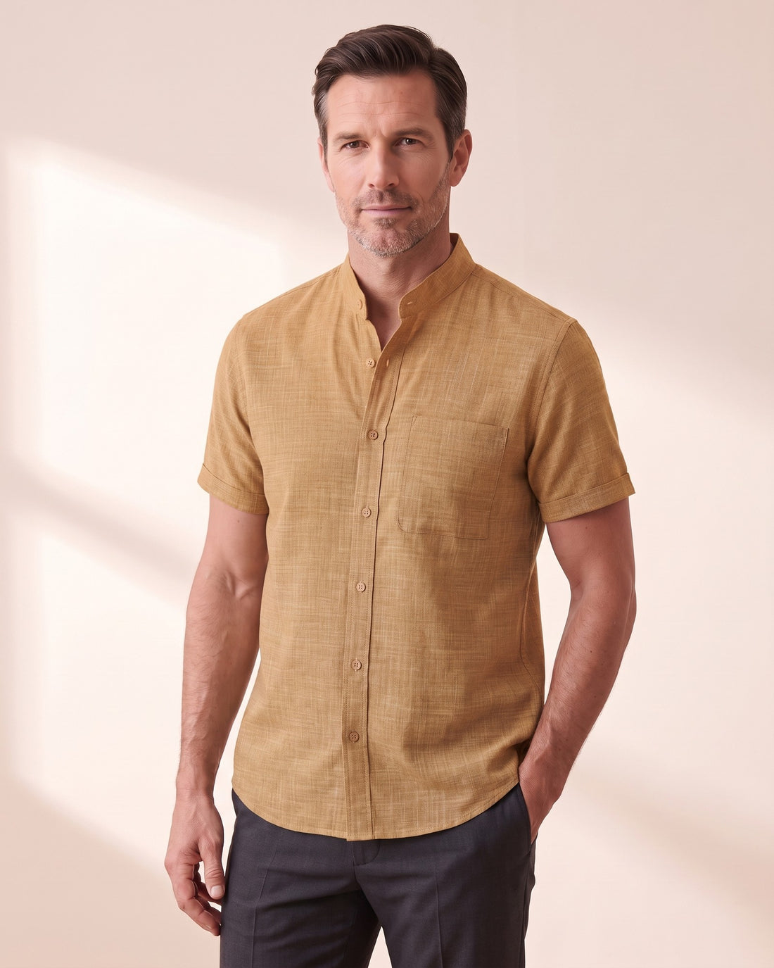 KEPT Men's Band Collar Shirt - Tangier in yellow