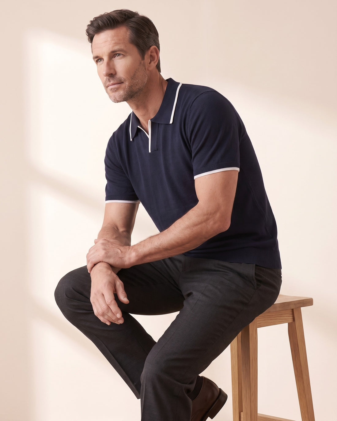 KEPT Men's Tipped Polo Shirt - Monaco in navy, in motion