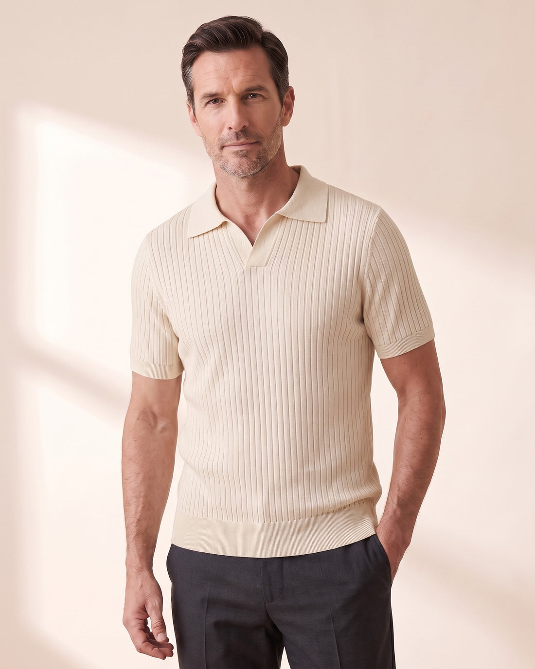 KEPT Men's V-Neck Polo - Chuncheon in beige