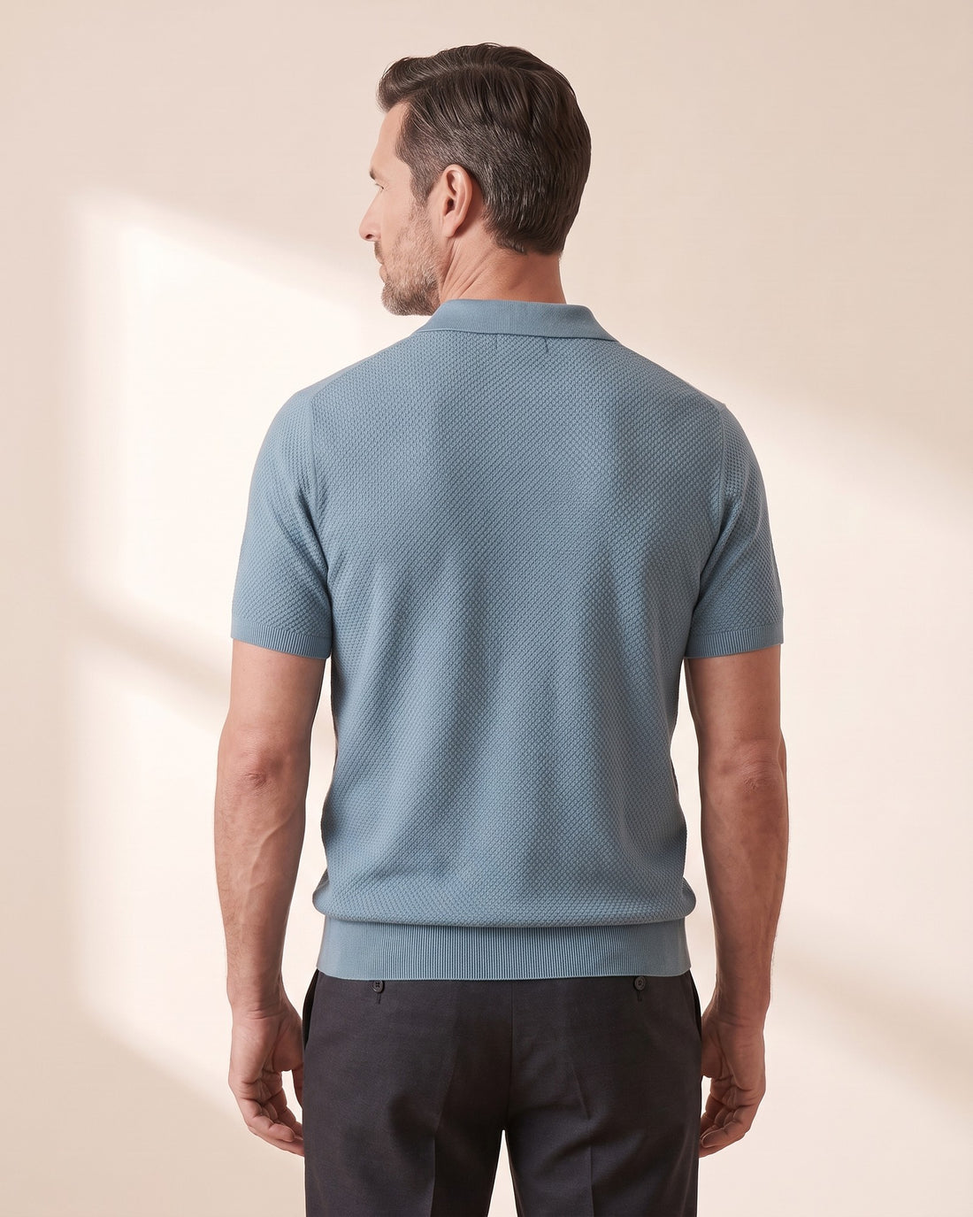 KEPT Men's V-Neck Polo - Capri in muted teal, back view