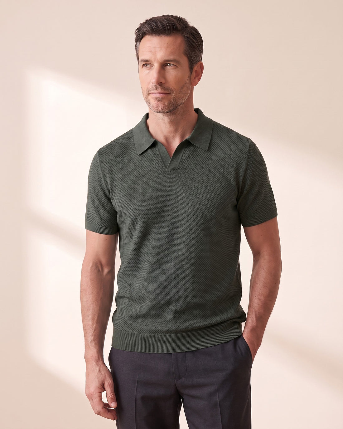 KEPT Men's V-Neck Polo - Capri in dark pine