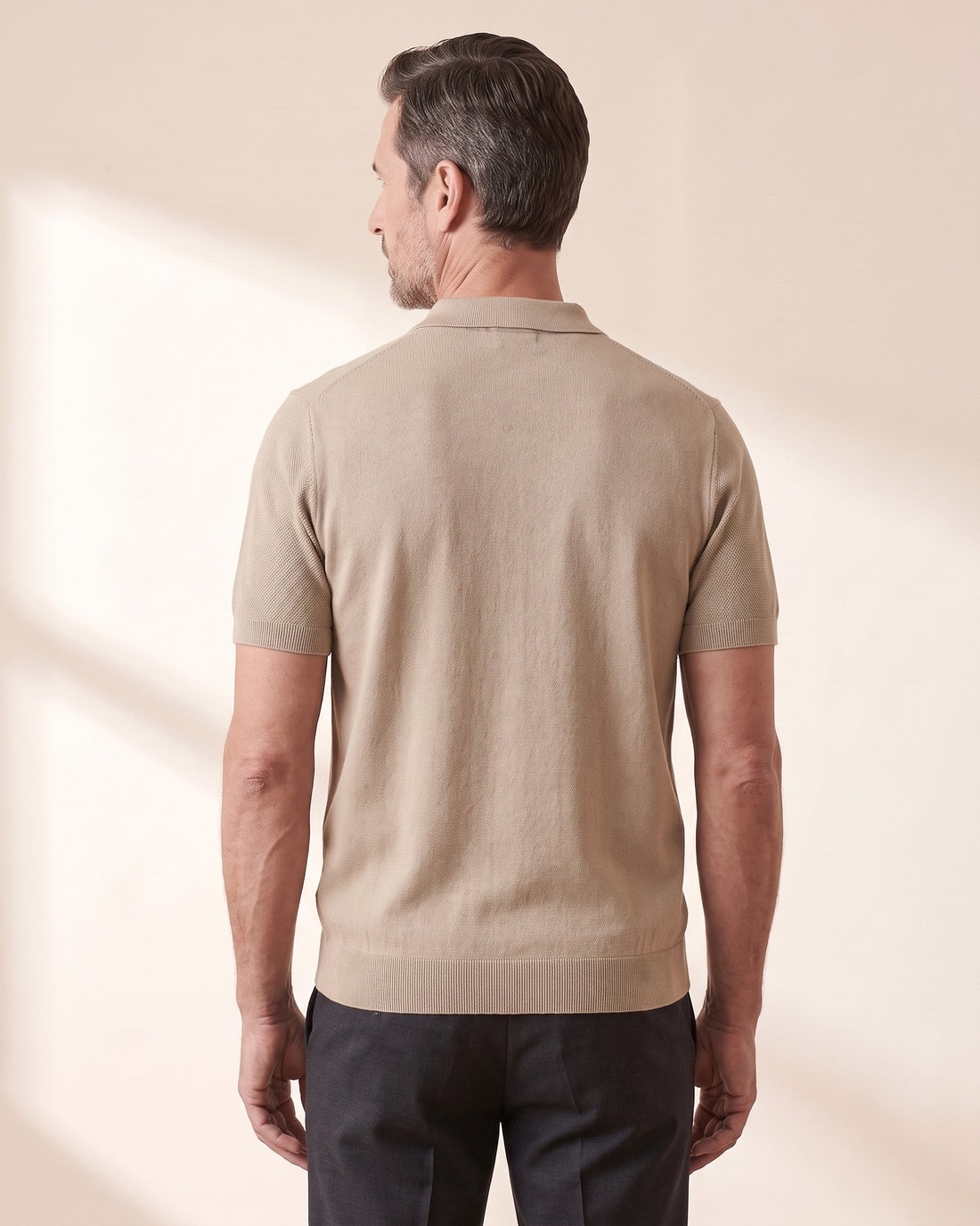 KEPT Men's Zip Polo - Marbella in beige, back view