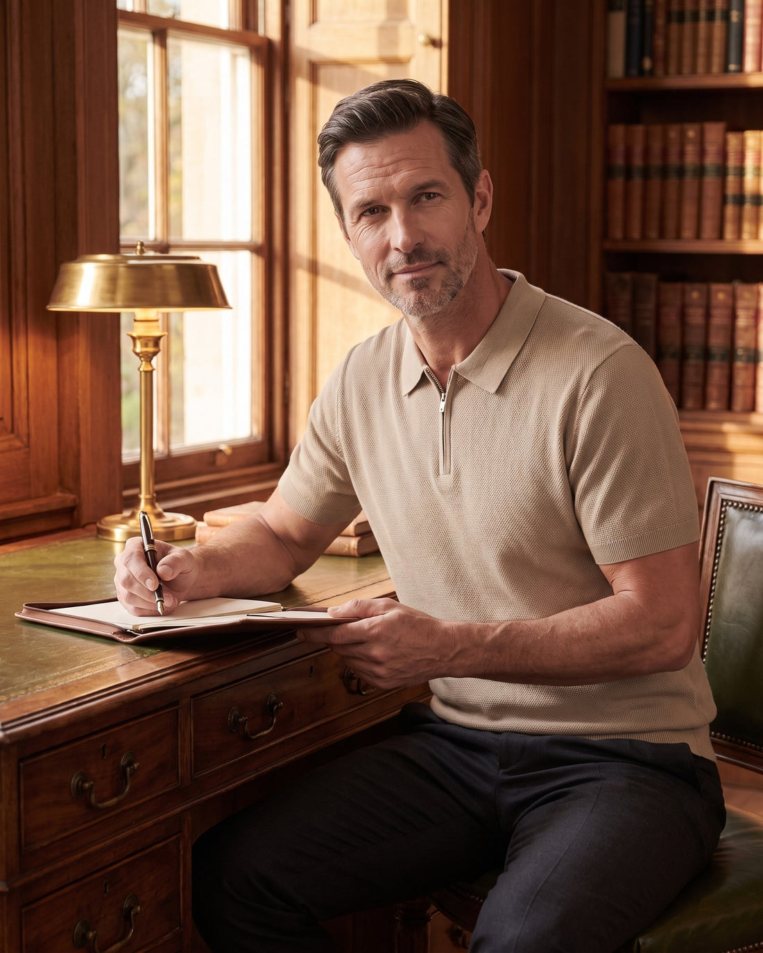 KEPT Men's Zip Polo - Marbella in beige, worn in a wood-panelled study