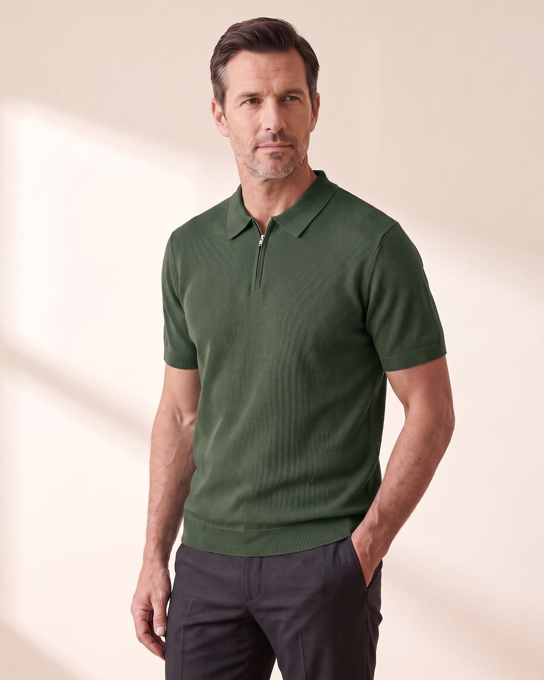KEPT Men's Zip Polo - Marbella in dark green