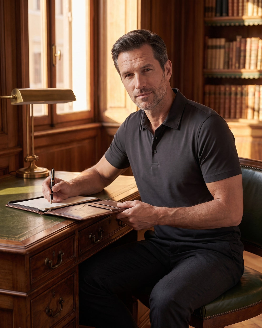 KEPT Men's Short Sleeve Polo Shirt - Anzio in black, worn in a wood-panelled study