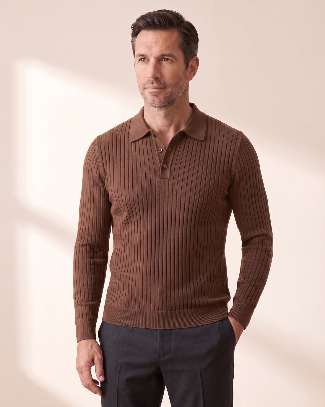 KEPT Men's Long-Sleeve Polo - Seojin in brown