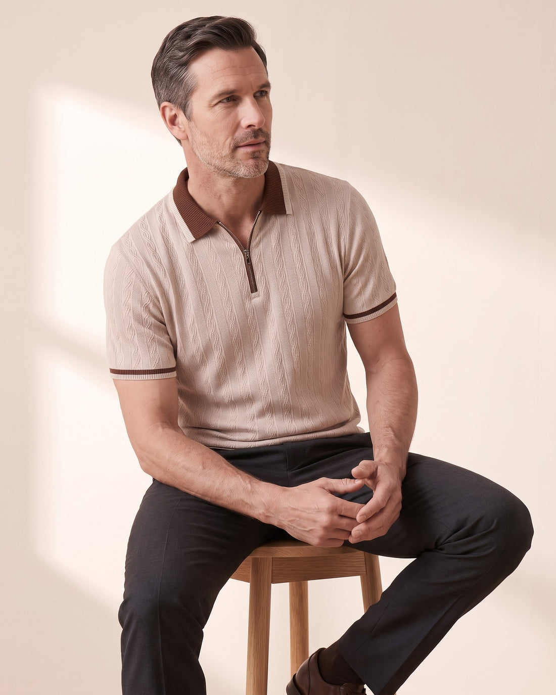 KEPT Men's Quarter-Zip Polo - Taormina in tan, in motion