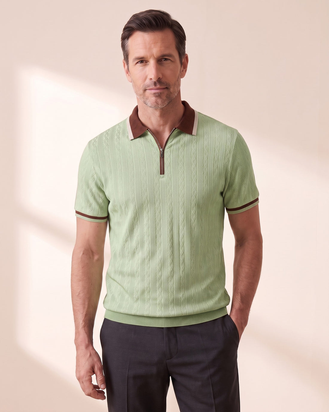 KEPT Men's Quarter-Zip Polo - Taormina in light green