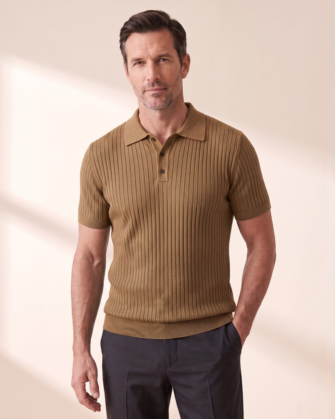KEPT Men's Knit Polo - Gimcheon in light brown