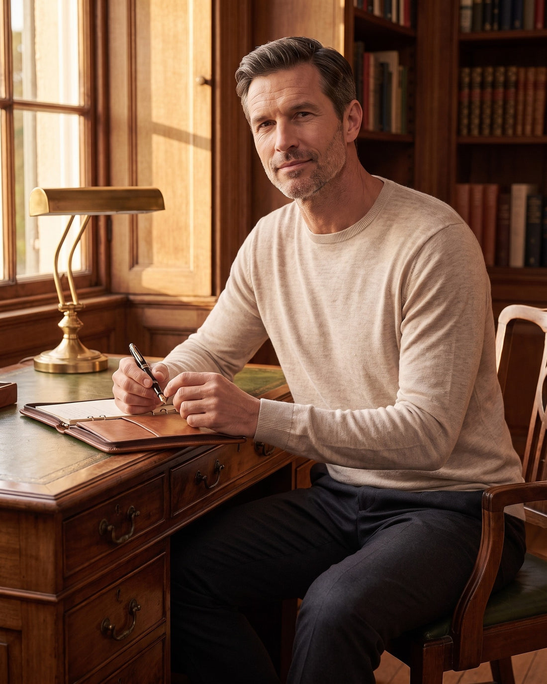 KEPT Men's Crewneck Sweater - Arles in beige, worn in a wood-panelled study