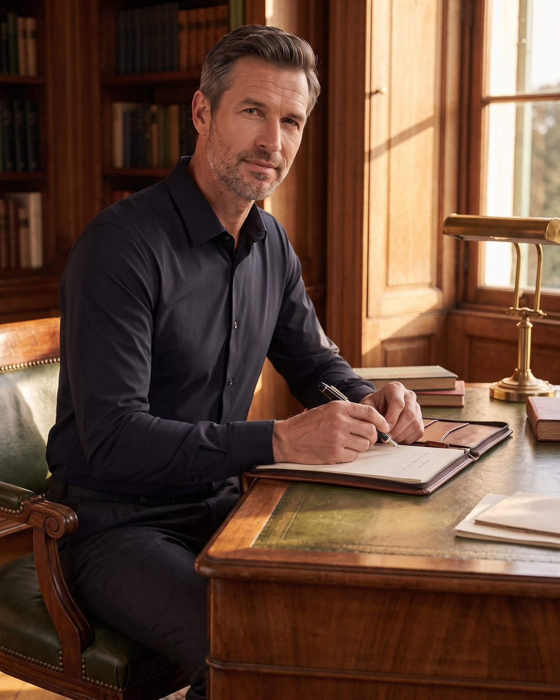 KEPT Men's Dress Shirt - Turin in black, worn in a wood-panelled study