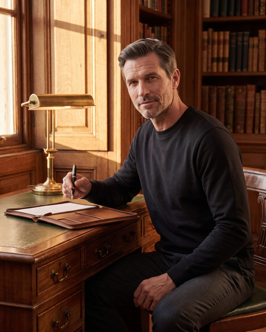KEPT Men's Crewneck Sweatshirt - Antibes in black, worn in a wood-panelled study