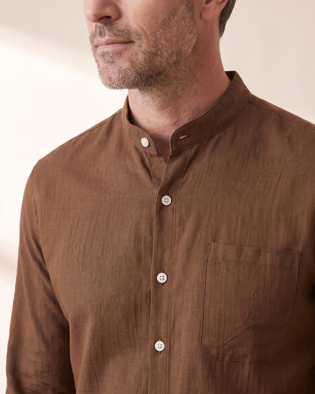 KEPT Men's Band Collar Shirt - Fez in brown, detail close-up