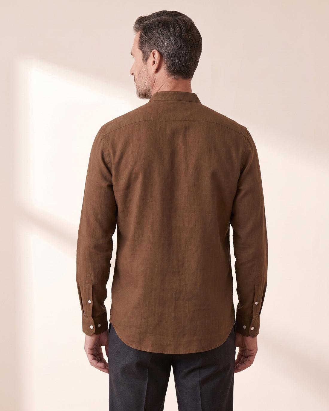 KEPT Men's Band Collar Shirt - Fez in brown, back view