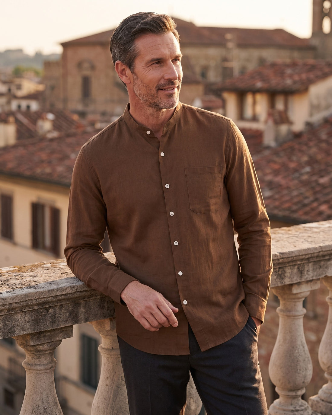 KEPT Men's Band Collar Shirt - Fez in brown, worn on a terrace