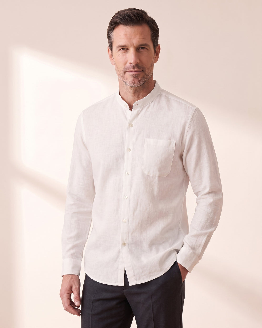 KEPT Men's Band Collar Shirt - Fez in white