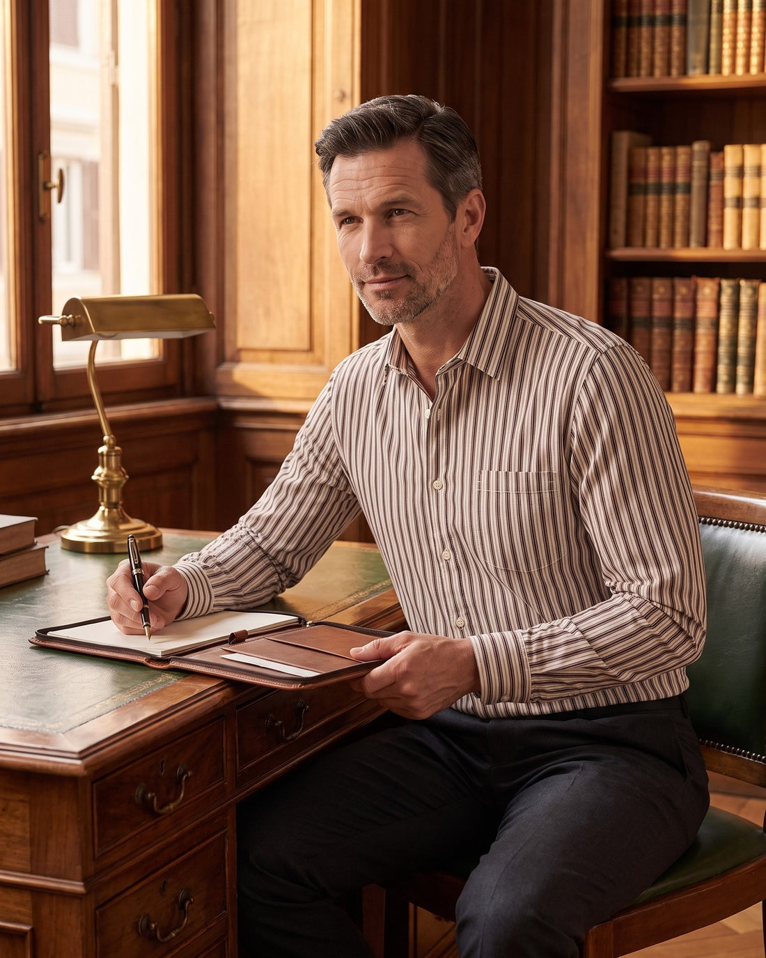 KEPT Men's Striped Shirt - Trieste in brown, worn in a wood-panelled study