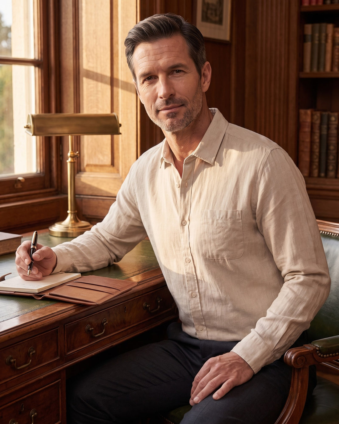 KEPT Men's Long-Sleeve Shirt - Cape Town in beige, worn in a wood-panelled study