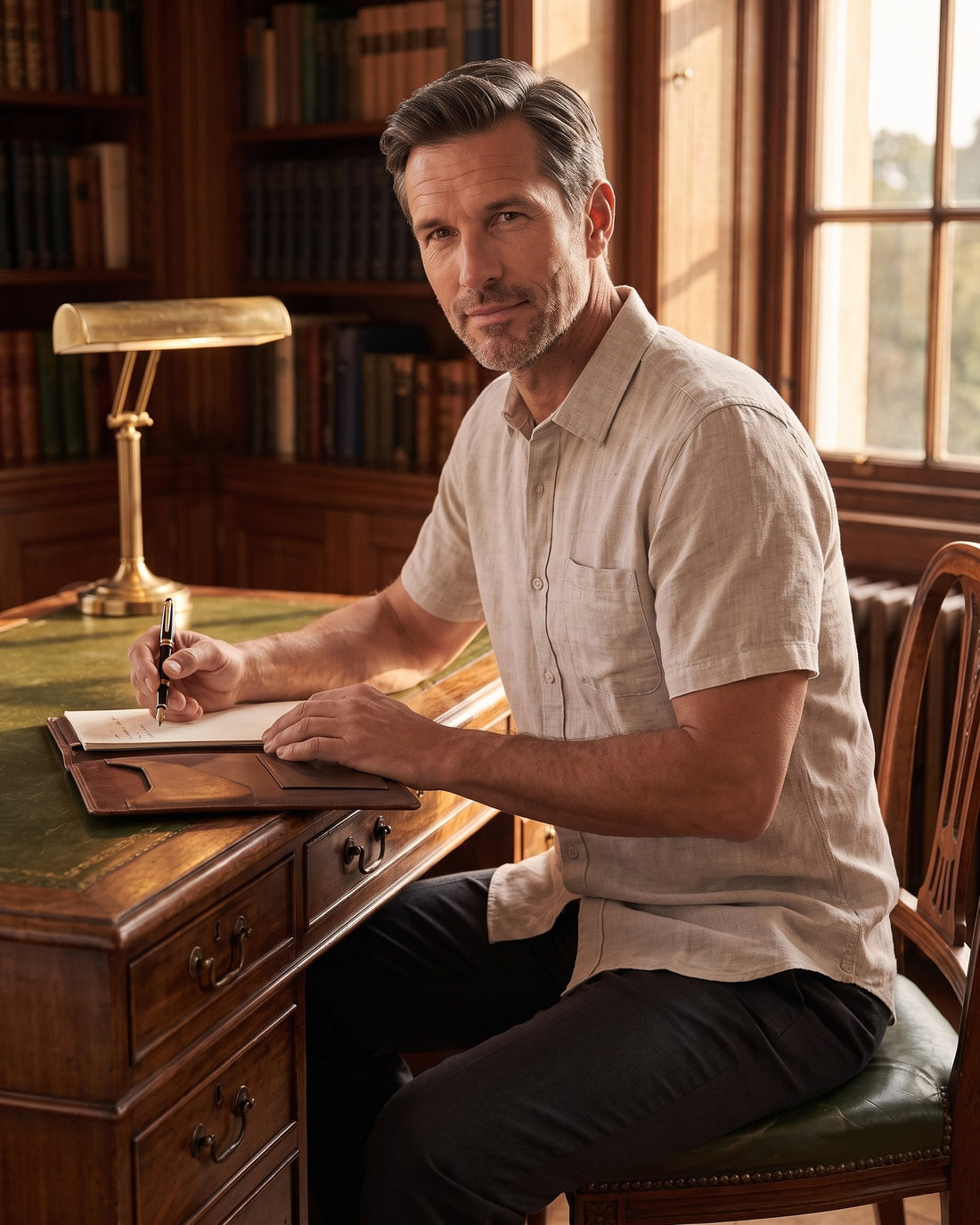 KEPT Men's Short-Sleeve Shirt - Cape Town in beige, worn in a wood-panelled study