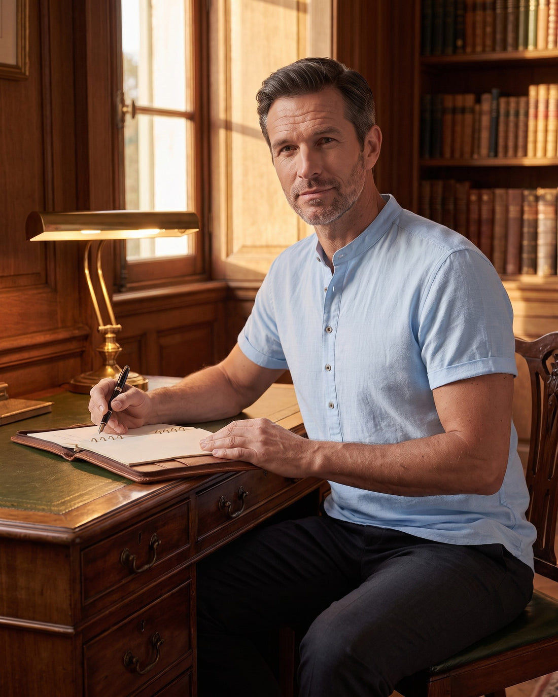 KEPT Men's Summer Shirt - Nice in light blue, worn in a wood-panelled study