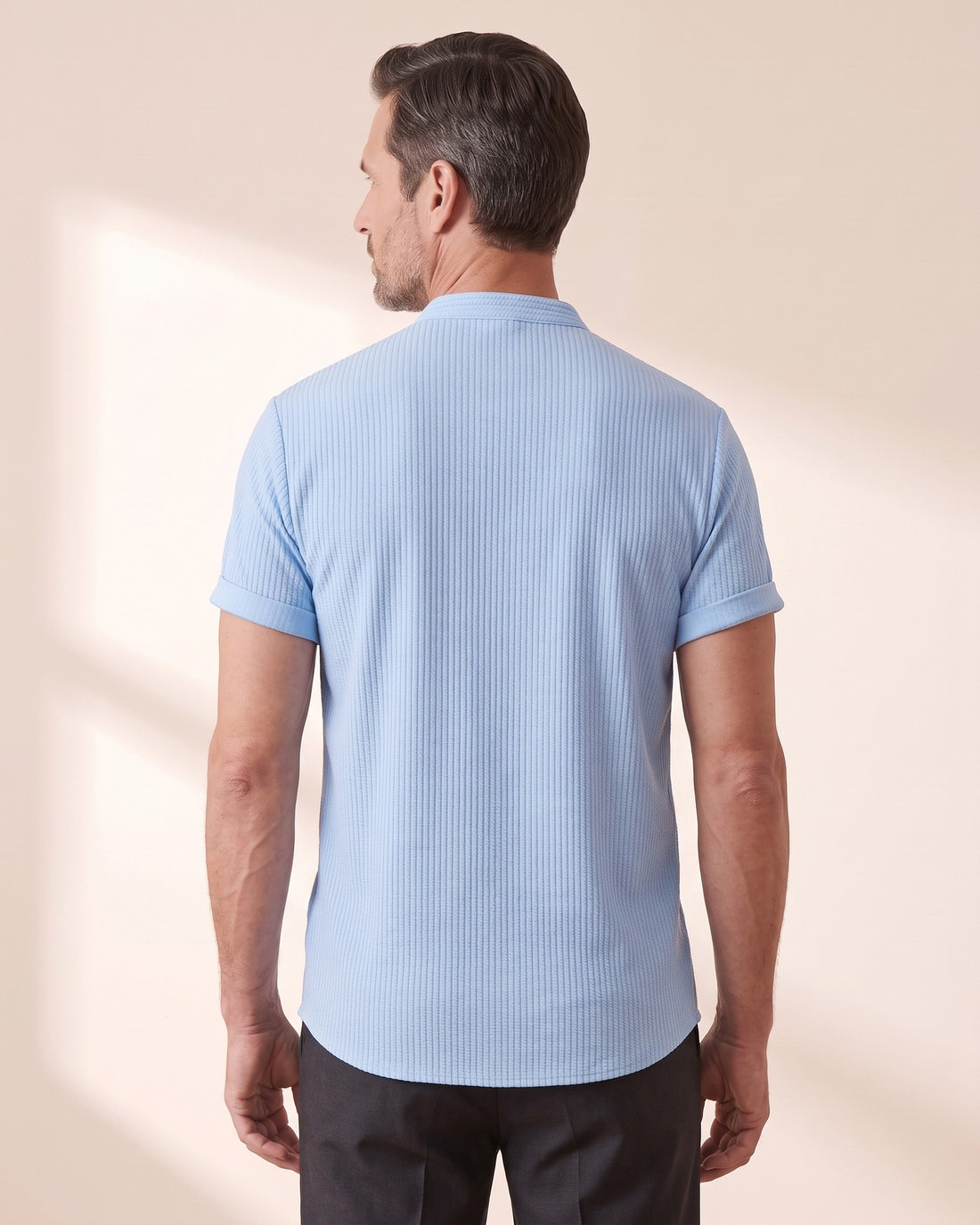 KEPT Men's Band Collar Shirt - Porto Cervo in light blue, back view