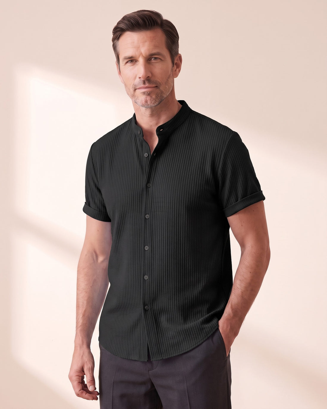KEPT Men's Band Collar Shirt - Porto Cervo in black