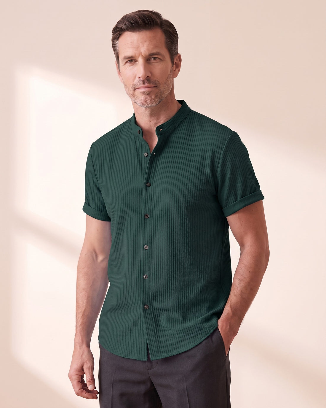 KEPT Men's Band Collar Shirt - Porto Cervo in dark green