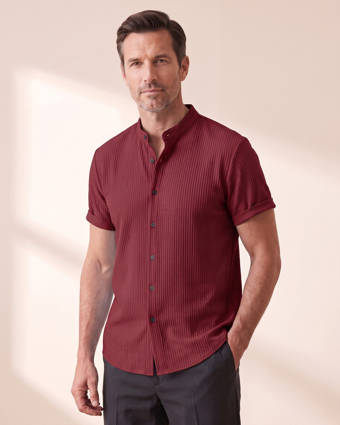 KEPT Men's Band Collar Shirt - Porto Cervo in maroon