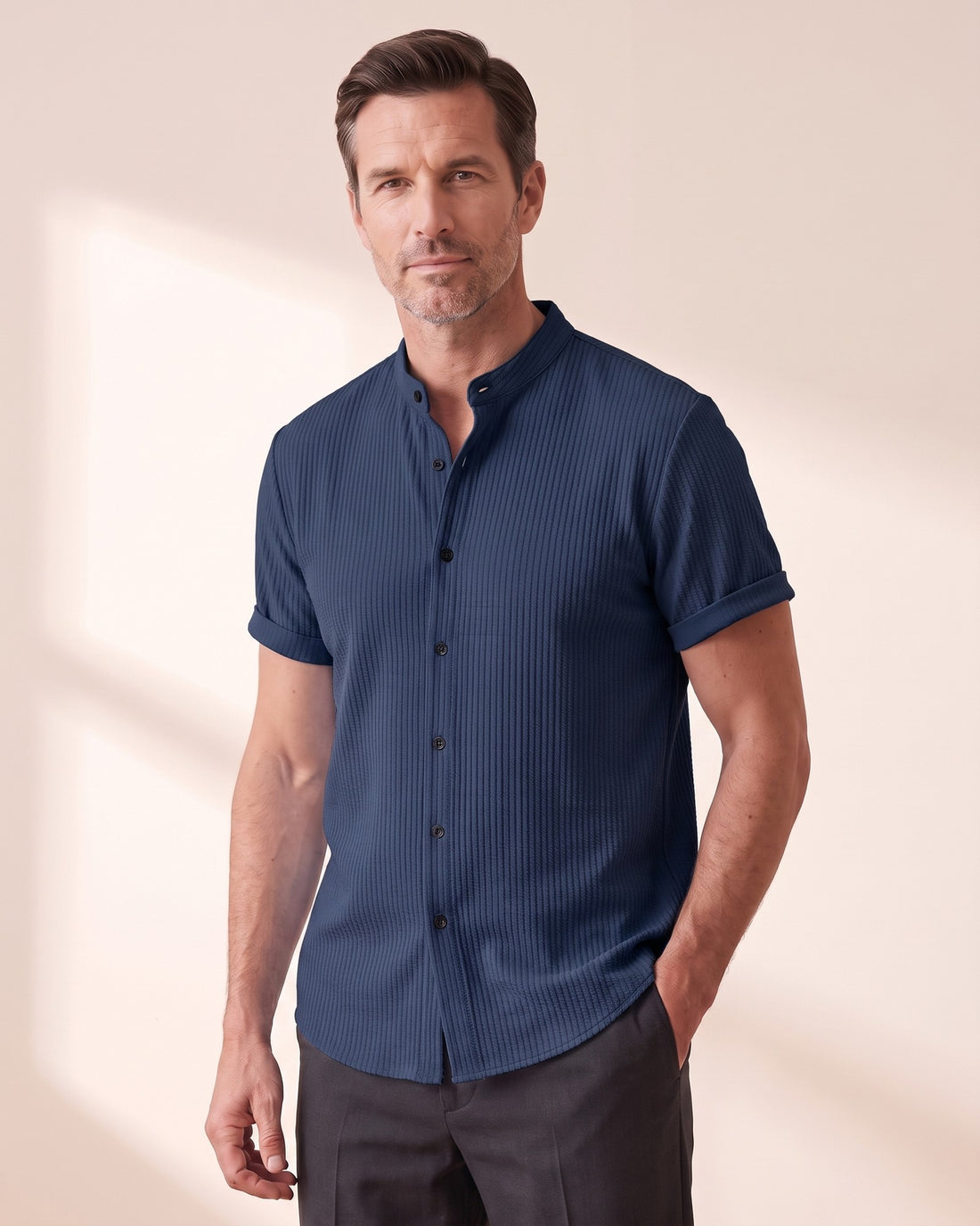 KEPT Men's Band Collar Shirt - Porto Cervo in navy