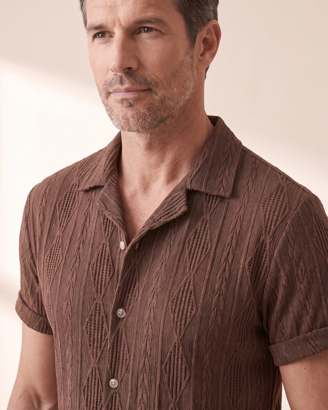KEPT Men's Camp Collar Shirt - Portofino in coffee, detail close-up
