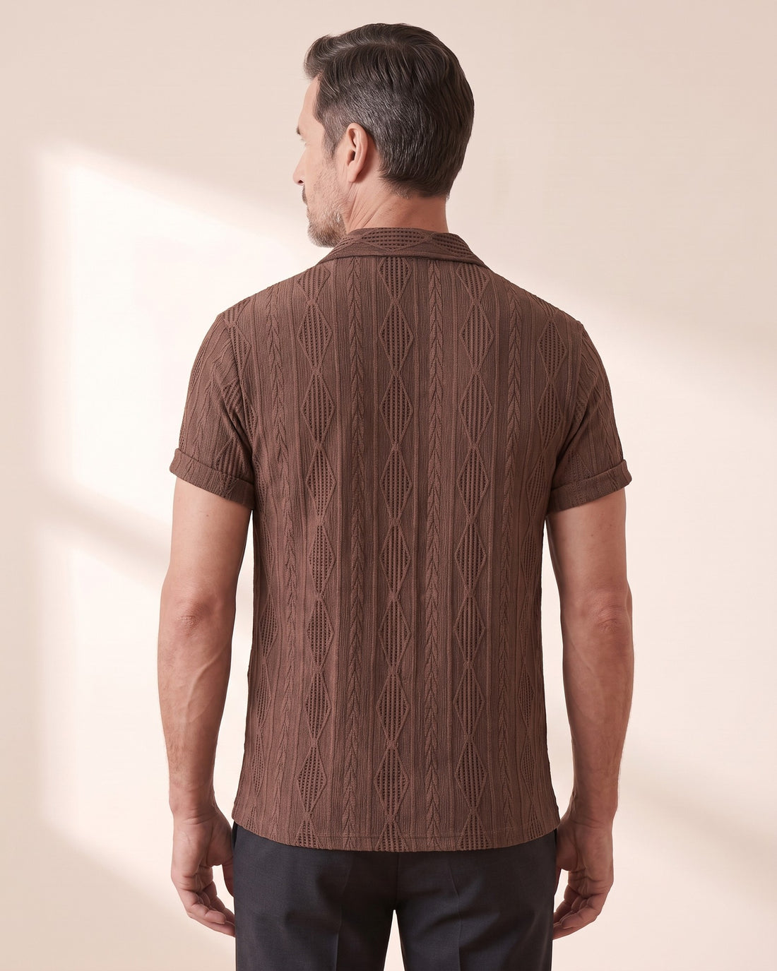 KEPT Men's Camp Collar Shirt - Portofino in coffee, back view