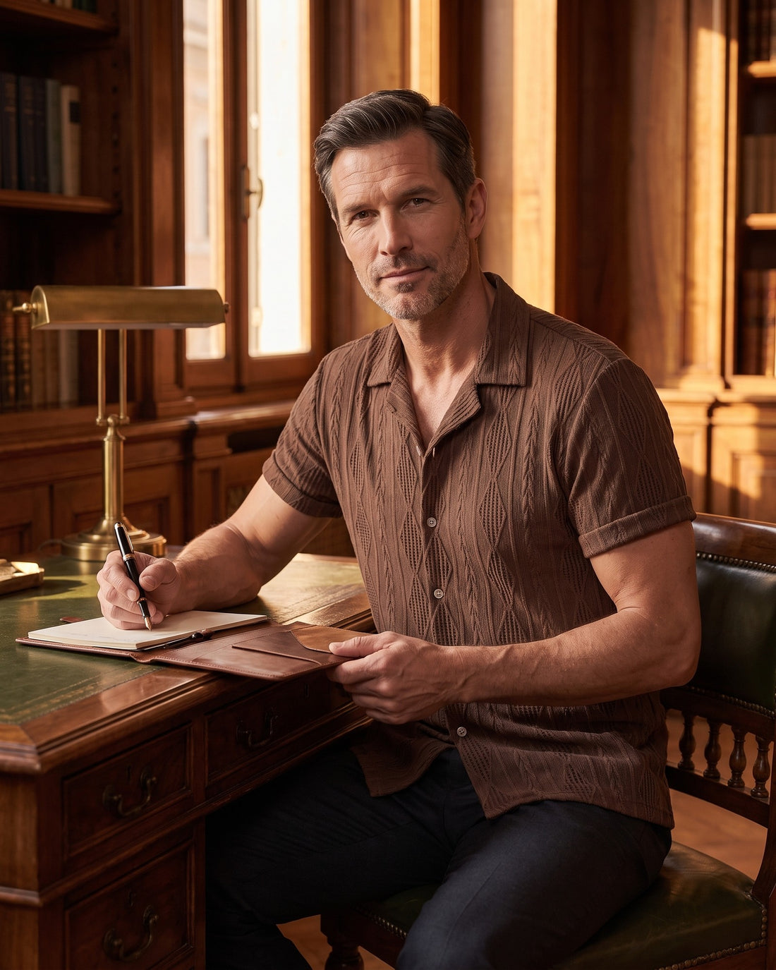 KEPT Men's Camp Collar Shirt - Portofino in coffee, worn in a wood-panelled study