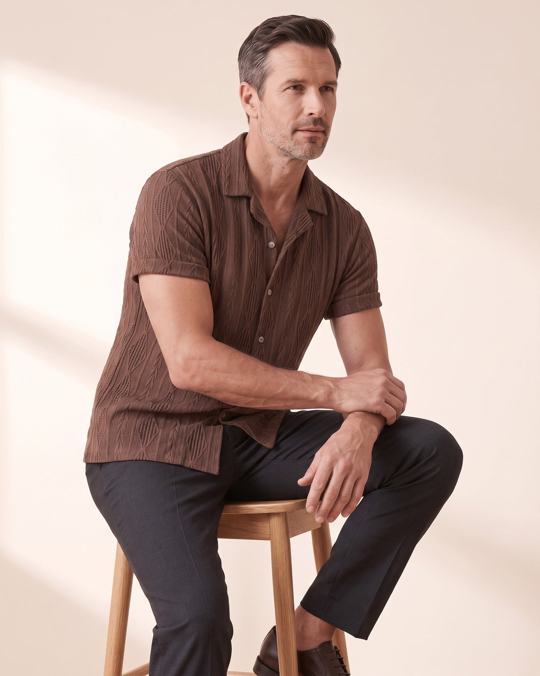KEPT Men's Camp Collar Shirt - Portofino in coffee, in motion