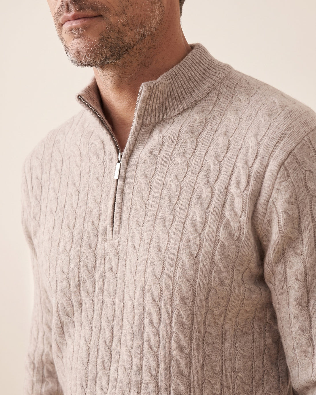 KEPT Men's Half-Zip Sweater - Siena in beige, detail close-up