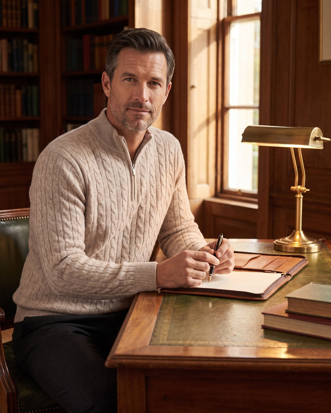 KEPT Men's Half-Zip Sweater - Siena in beige, worn in a wood-panelled study