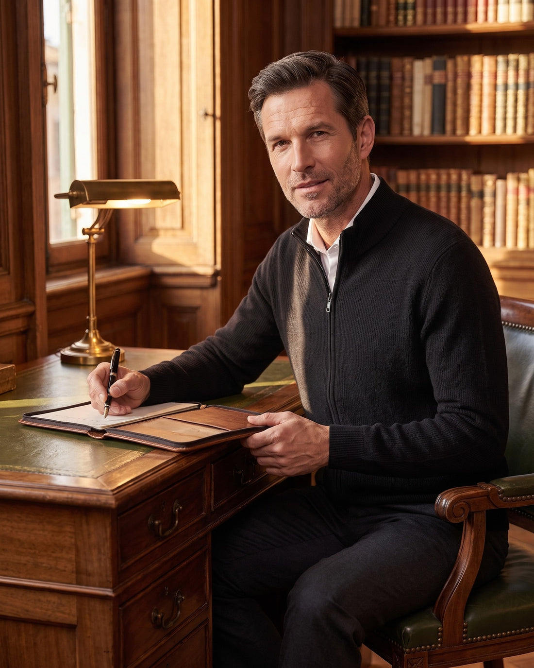KEPT Men's Sweater Vest - Davos in black, worn in a wood-panelled study