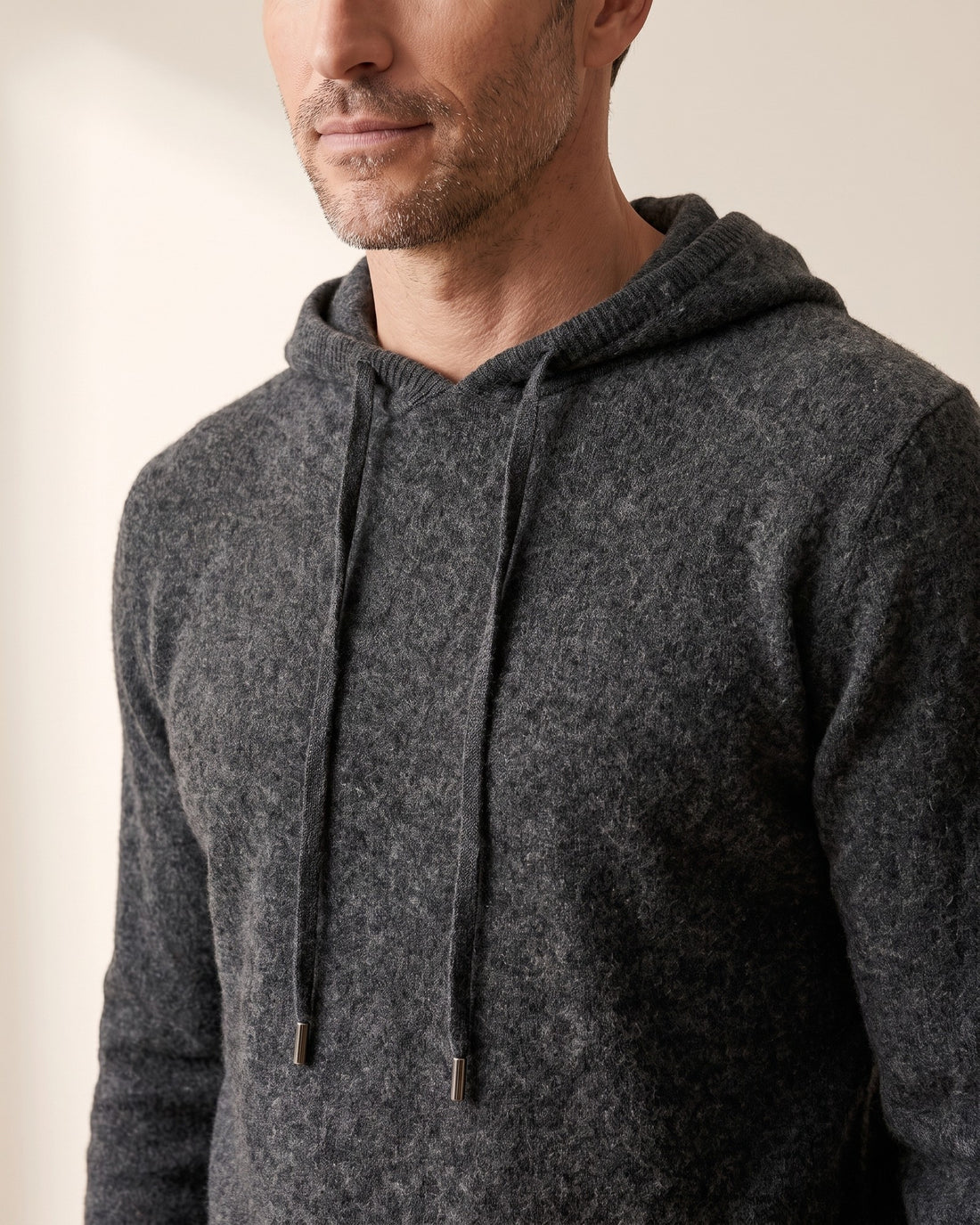 KEPT Men's Knit Hoodie - Chamonix in dark gray, detail close-up
