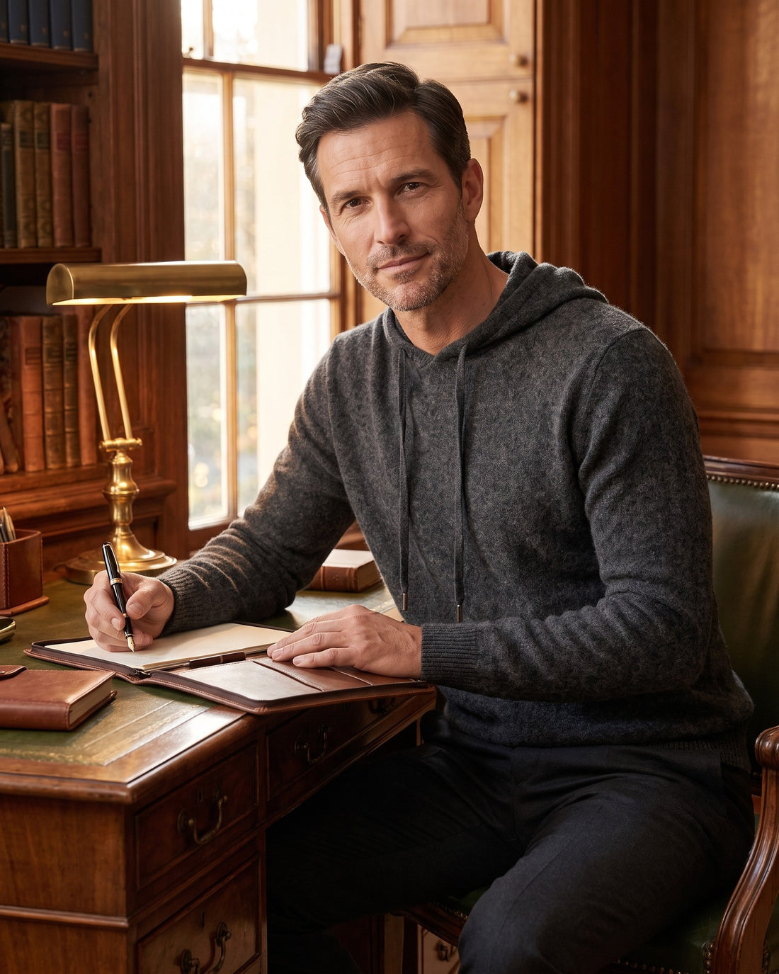 KEPT Men's Knit Hoodie - Chamonix in dark gray, worn in a wood-panelled study