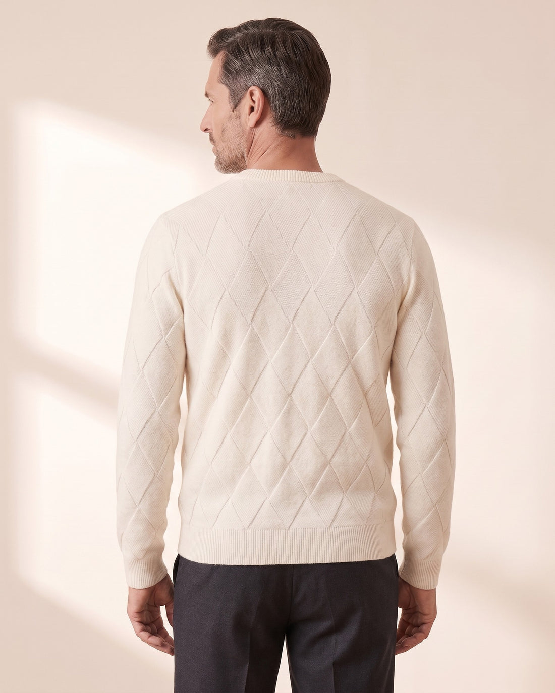 KEPT Men's Crewneck Sweater - Argyll in beige, back view