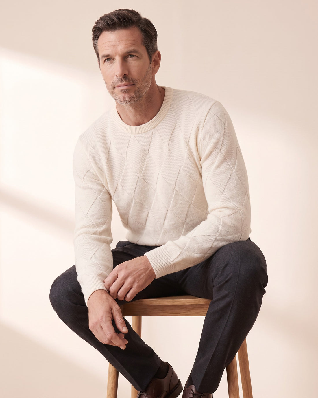 KEPT Men's Crewneck Sweater - Argyll in beige, in motion