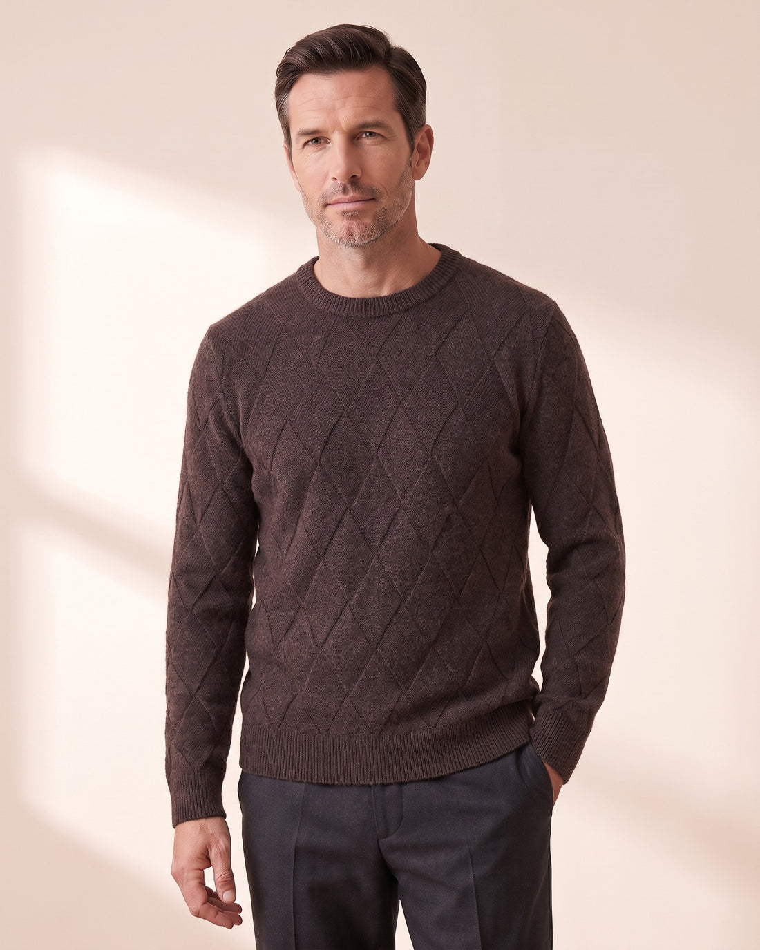 KEPT Men's Crewneck Sweater - Argyll in dark brown