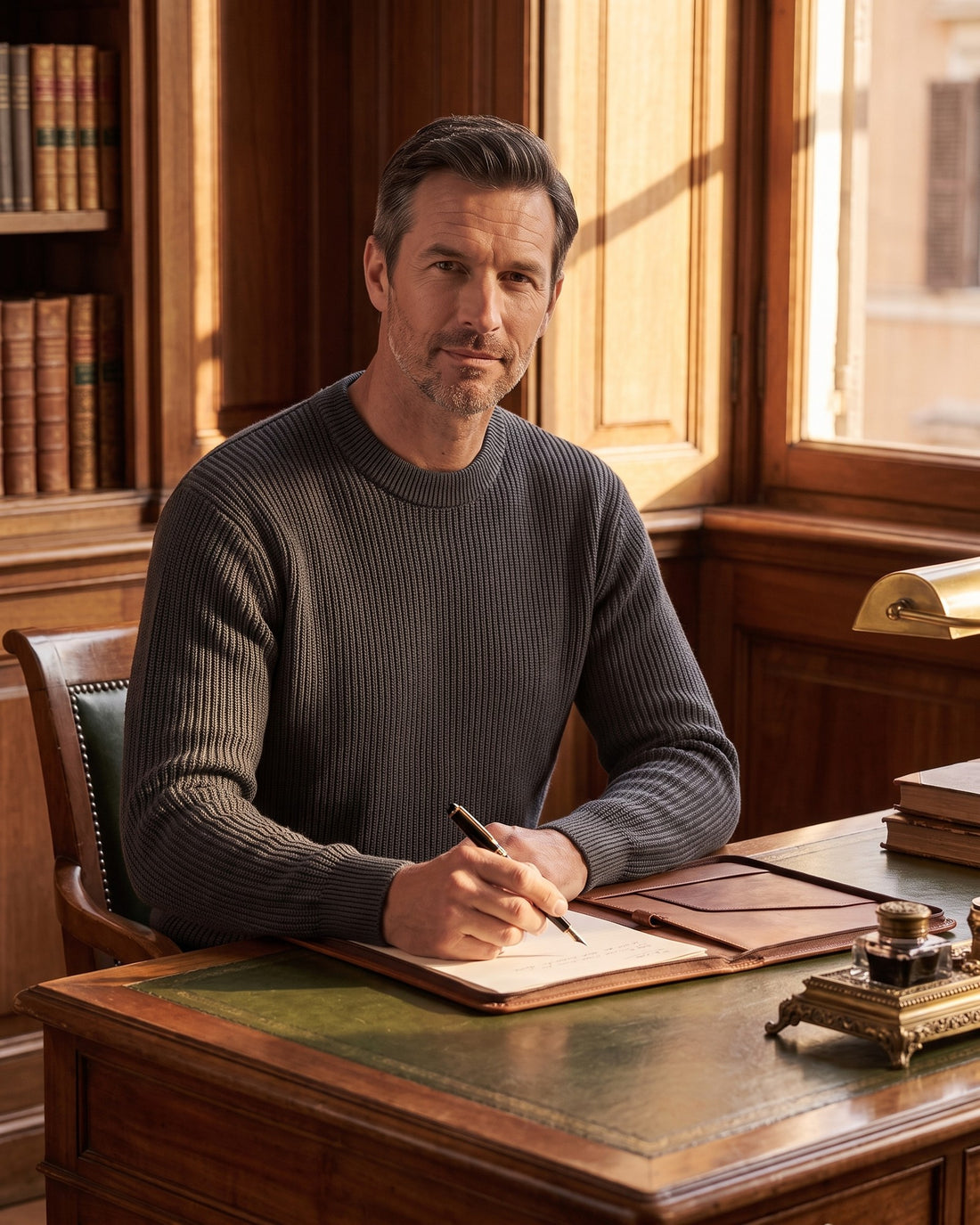KEPT Men's Crewneck Sweater - Padua in gray, worn in a wood-panelled study