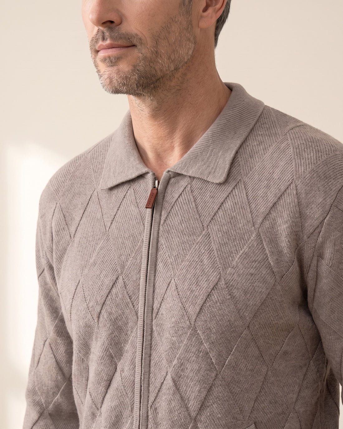 KEPT Men's Zip Cardigan - Balmoral in mocha, detail close-up