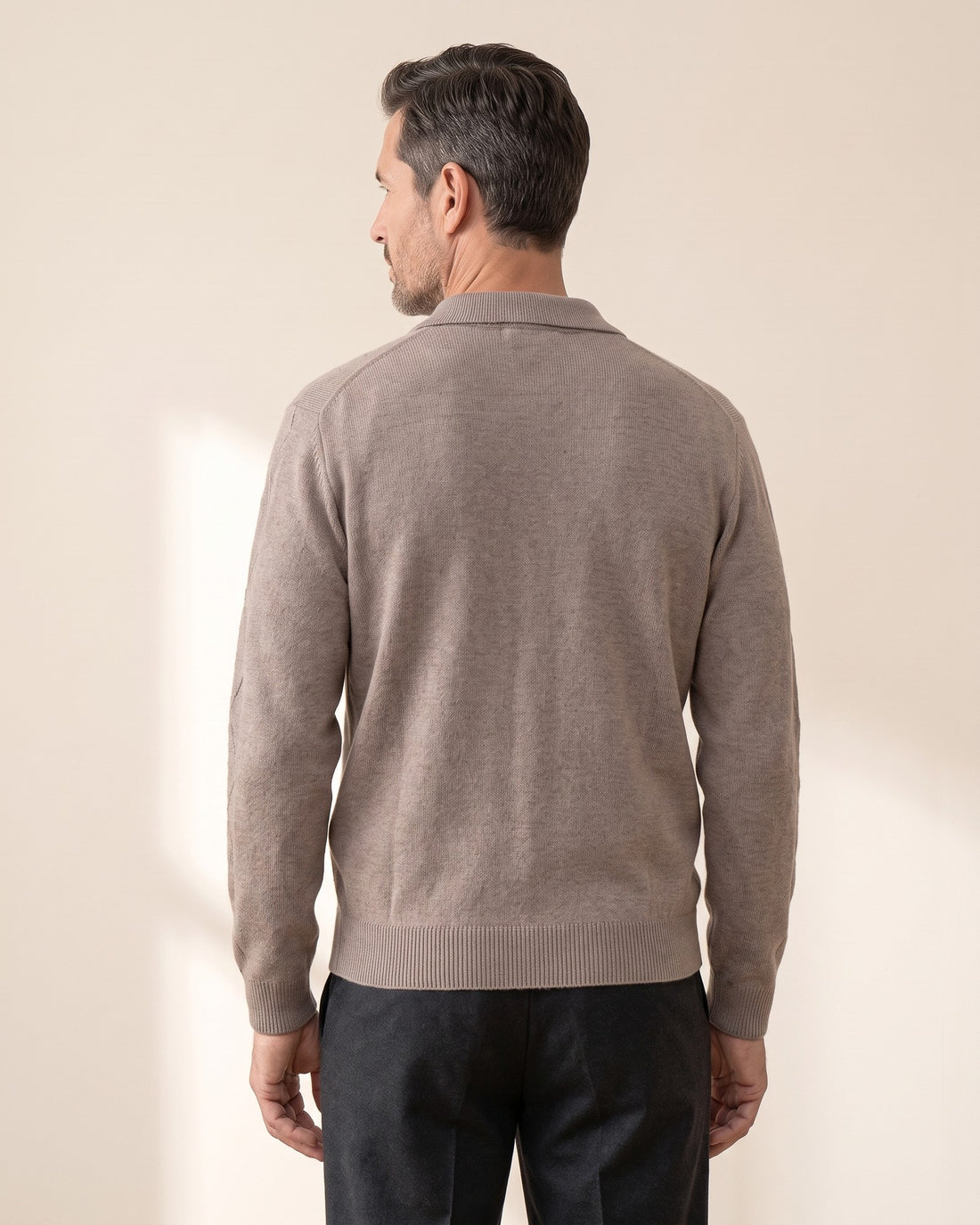 KEPT Men's Zip Cardigan - Balmoral in mocha, back view
